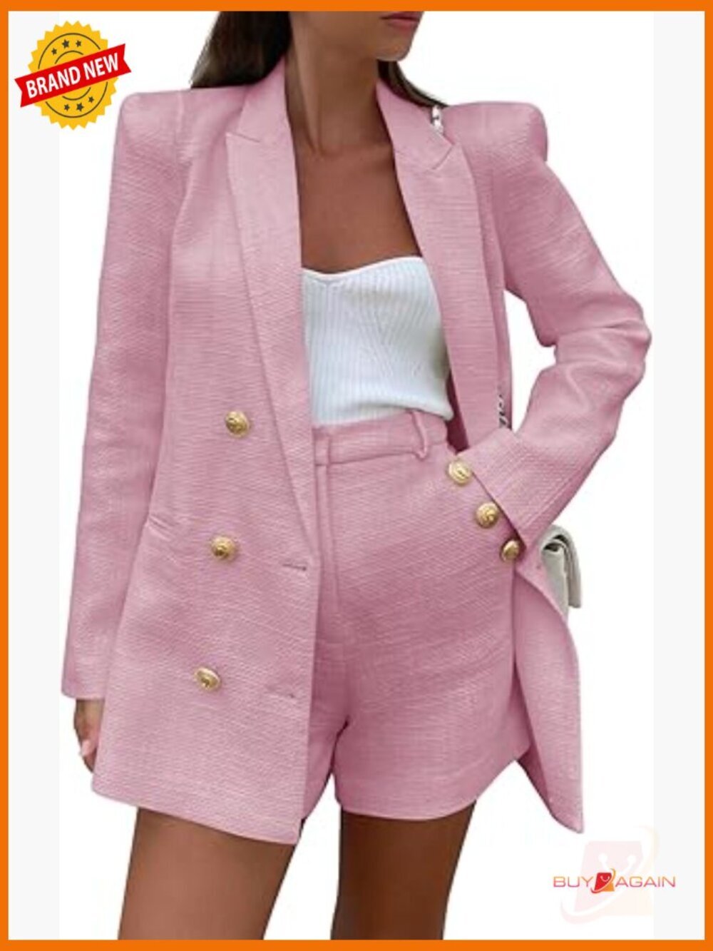 Women's 2 Piece Tweed Blazer Shorts Set Double Breasted Suit Jackets Business